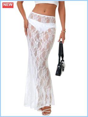 Sheer Lace A Line Maxi Skirt Flowy Festival Beach Coverup